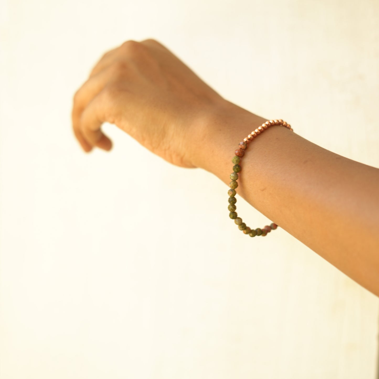 Dainty Copper Bracelet with Faceted Unakite Beads - Stretchy and Stackable