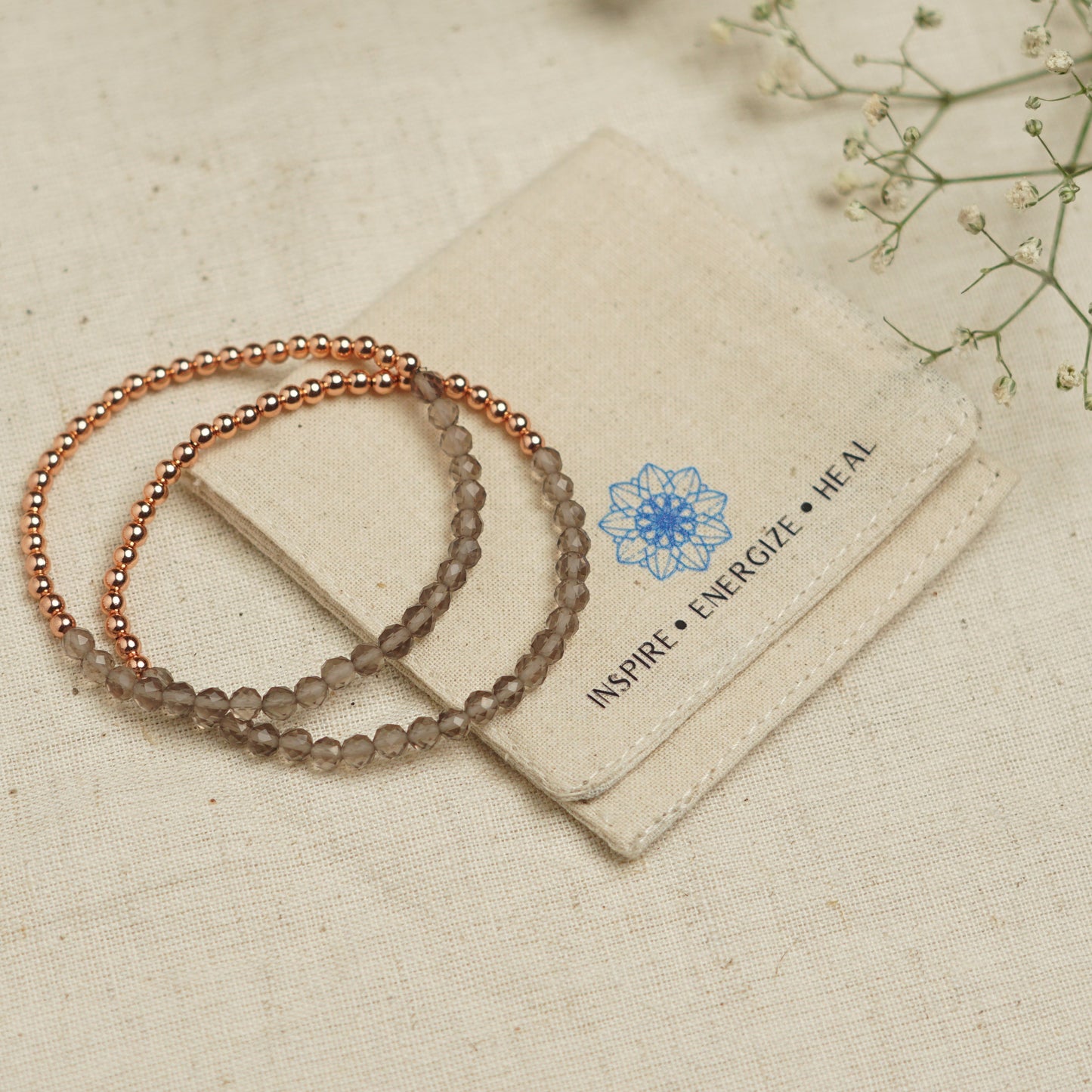 Dainty Copper Bracelet with Faceted Smoky Quartz Beads - Stretchy and Stackable