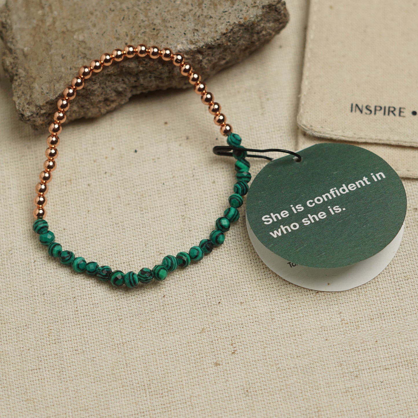 Dainty Copper Bracelet with Faceted Malachite Beads - Stretchy and Stackable