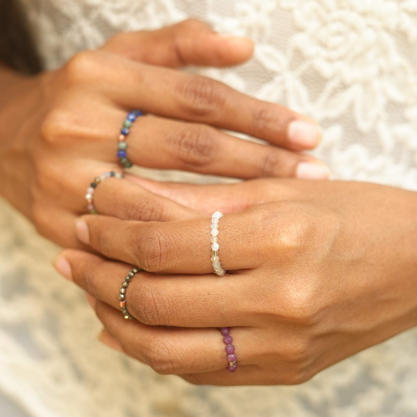 Elastic Anti-Anxiety Fidget Ring Made of Natural Faceted Gemstone Beads - Morganite