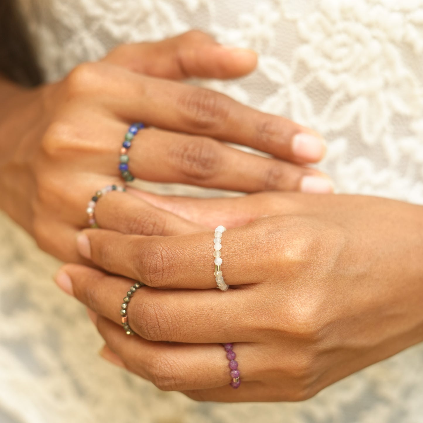 Elastic Anti-Anxiety Fidget Ring Made of Natural Faceted Gemstone Beads - Tourmaline
