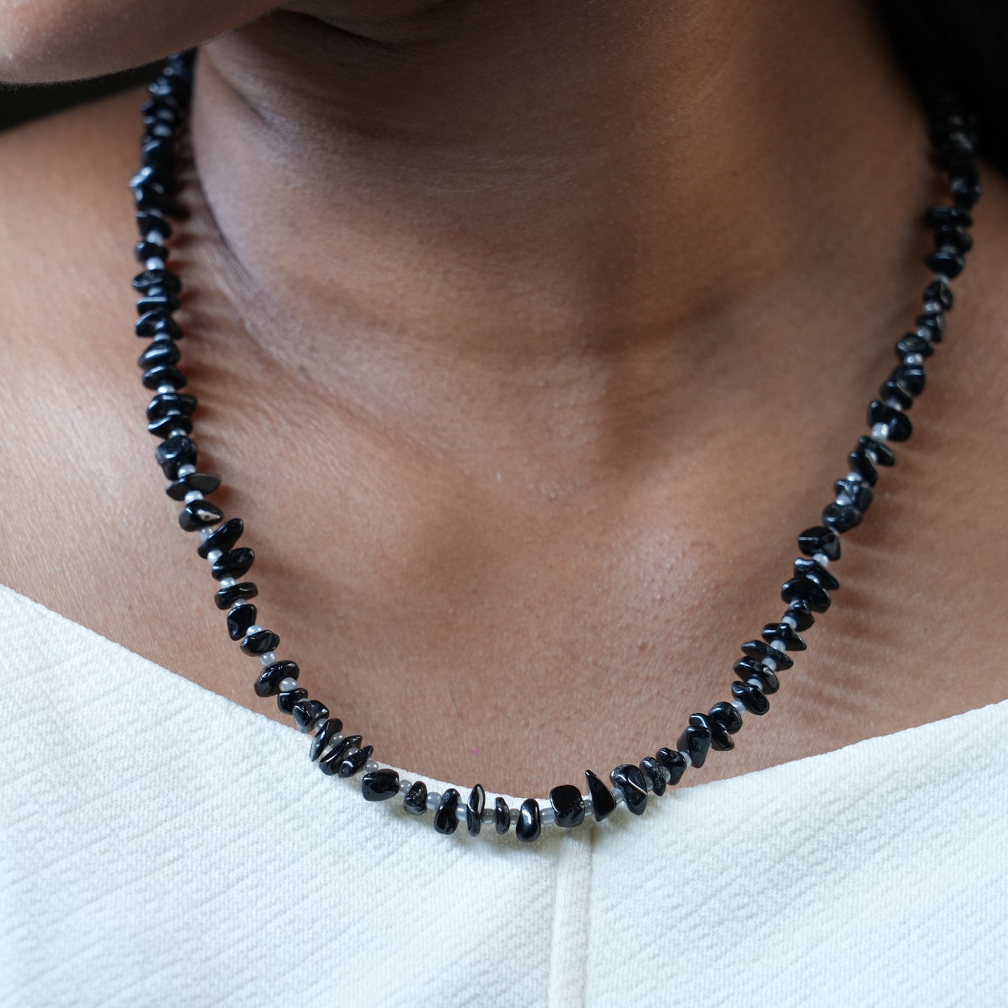 Black Tourmaline Chip bead Necklace - adjustable length