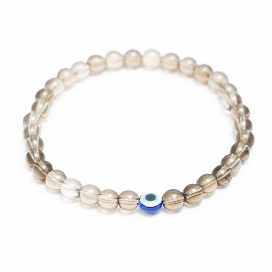 Natural Smoky Quartz Stretchy bracelet with an evil eye bead