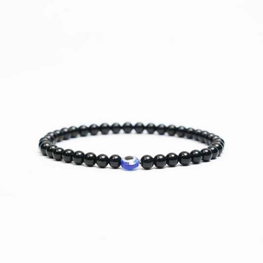 Black Tourmaline Gemstone Stretchy Bracelets with an evil eye bead