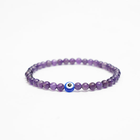 Natural Amethyst stretchy Bracelets with an evil eye bead