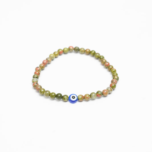 Natural Unakite stretchy Bracelets with an evil eye bead