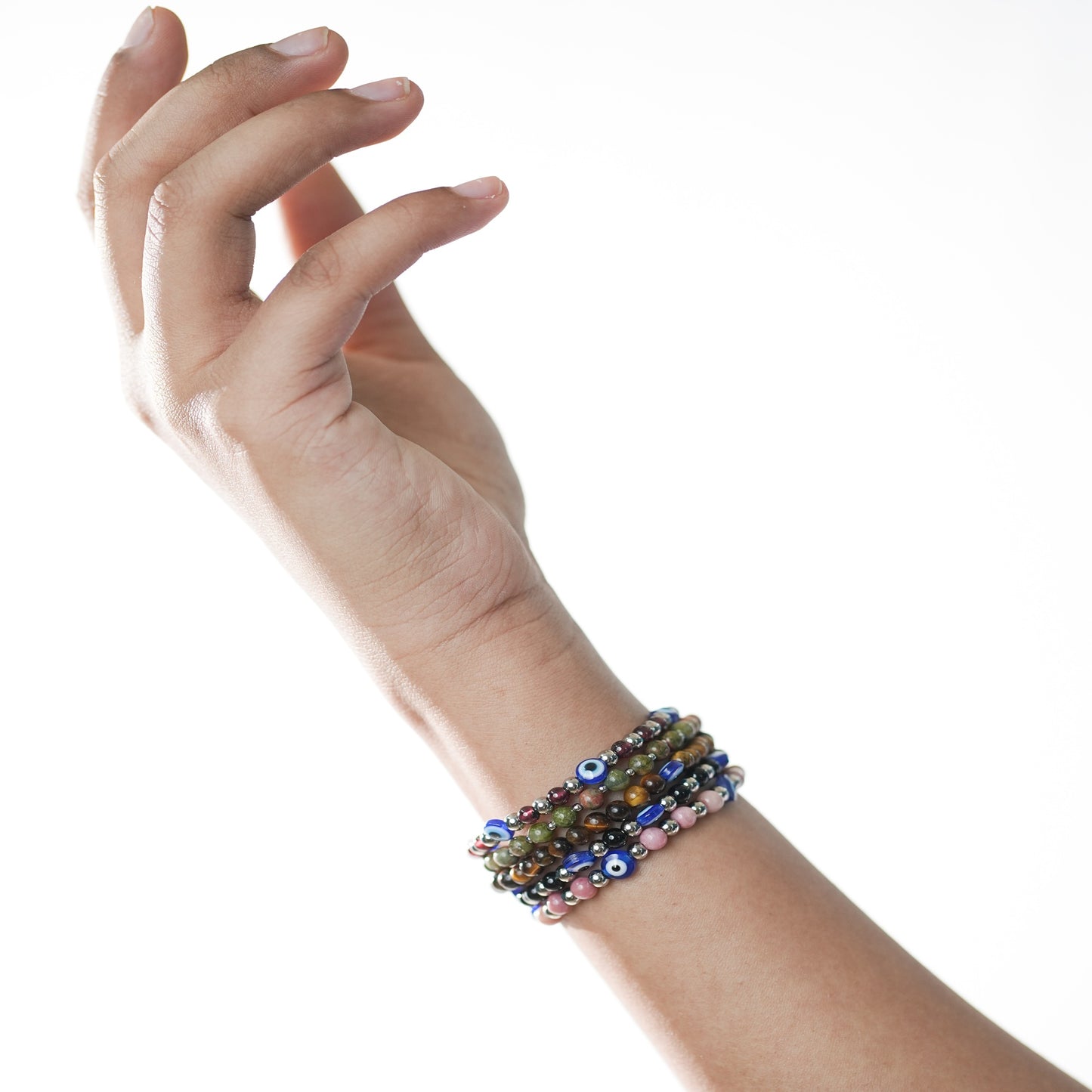 Natural Rhodonite stretchy Bracelets with an evil eye bead