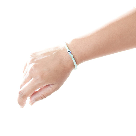 Natural Amazonite stretchy Bracelet with SS and Evil eye Beads