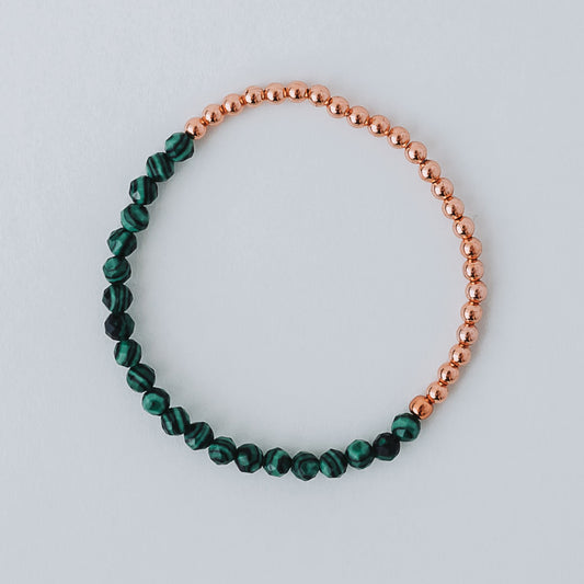 Dainty Copper Bracelet with Faceted Malachite Beads - Stretchy and Stackable
