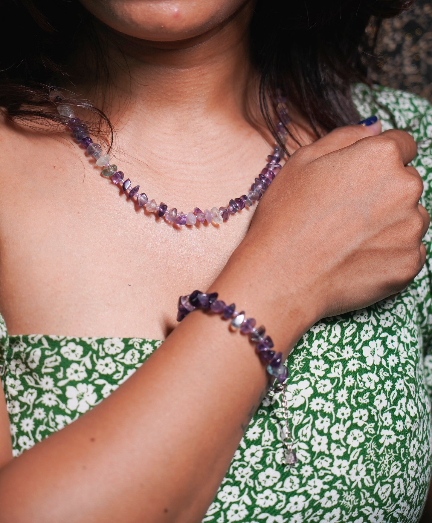 Natural Fluorite Chip bead Necklace - adjustable length