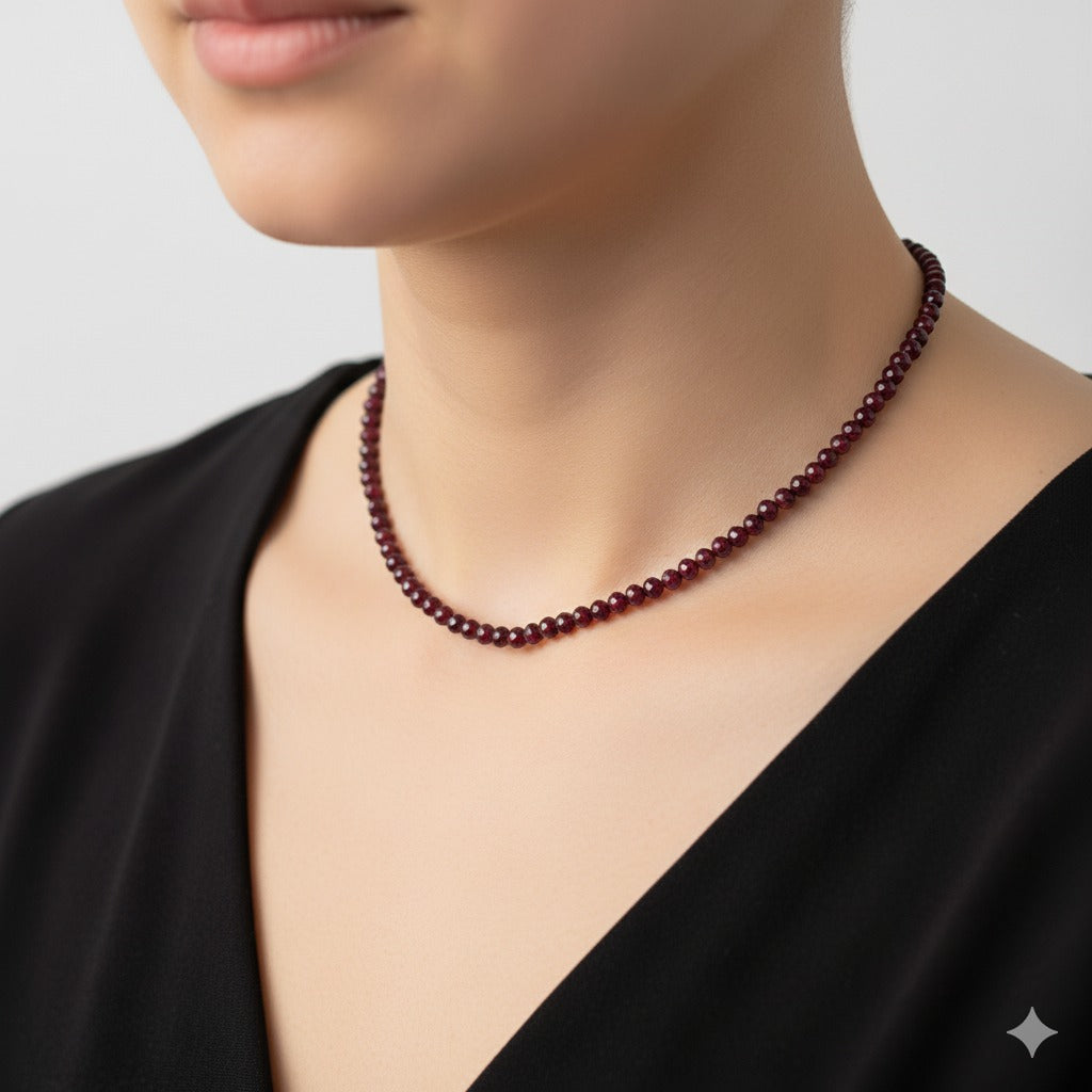Dainty Faceted Garnet Necklace - 4mm Natural Gemstones & Sterling Silver Clasp