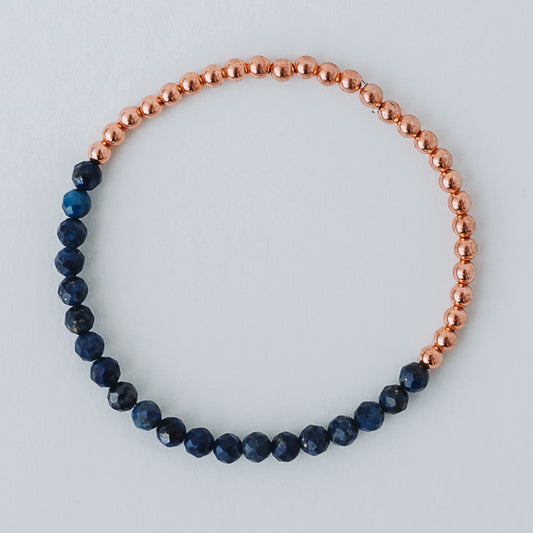 Dainty Copper Bracelet with Faceted Lapis Lazuli Beads - Stretchy and Stackable