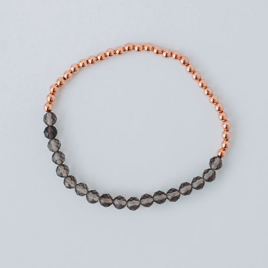 Dainty Copper Bracelet with Faceted Smoky Quartz Beads - Stretchy and Stackable