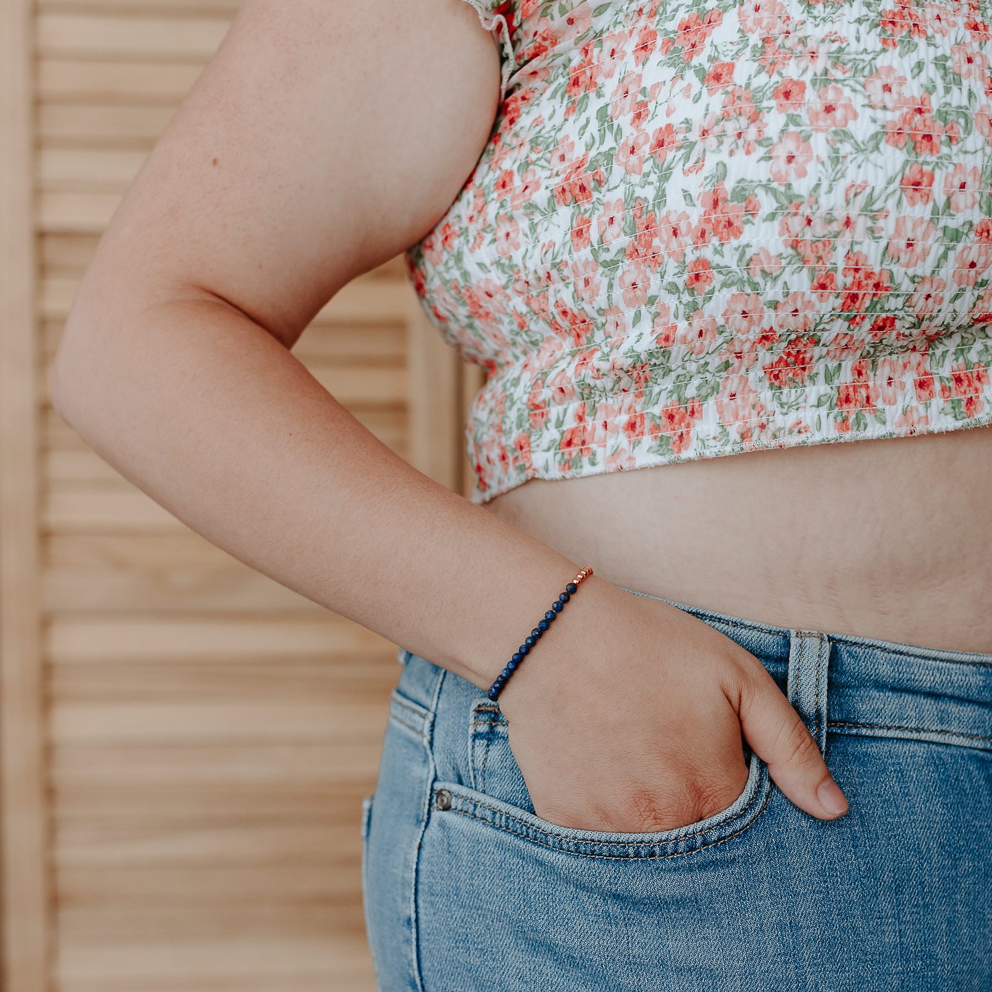 Dainty Copper Bracelet with Faceted Lapis Lazuli Beads - Stretchy and Stackable