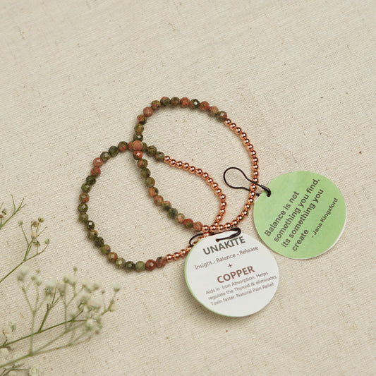 Dainty Copper Bracelet with Faceted Unakite Beads - Stretchy and Stackable