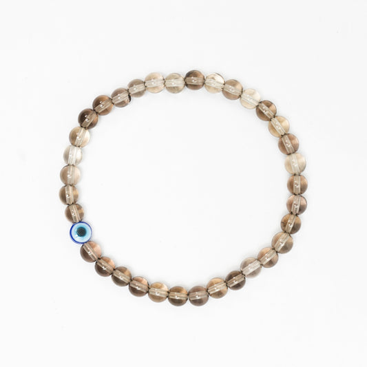 Natural Smoky Quartz Stretchy bracelet with an evil eye bead