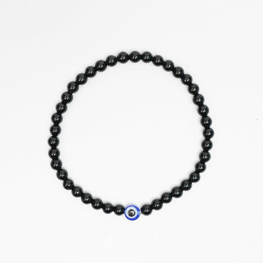 Black Tourmaline Gemstone Stretchy Bracelets with an evil eye bead