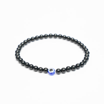 Black Tourmaline Gemstone Stretchy Bracelets with an evil eye bead