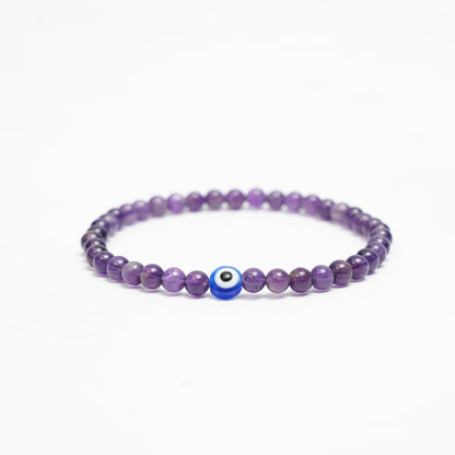 Natural Amethyst stretchy Bracelets with an evil eye bead