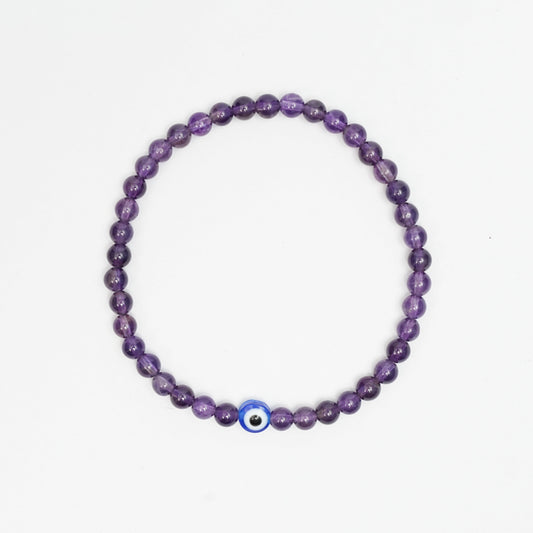 Natural Amethyst stretchy Bracelets with an evil eye bead
