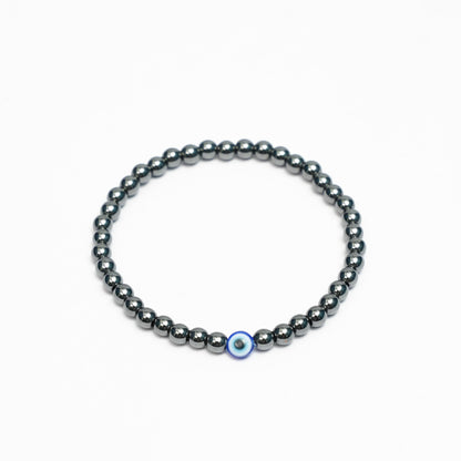 Natural Hematite stretchy Bracelets with an evil eye bead