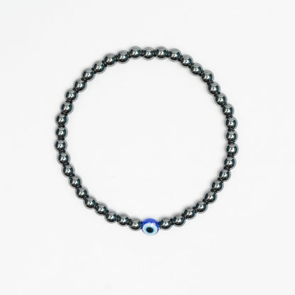 Natural Hematite stretchy Bracelets with an evil eye bead