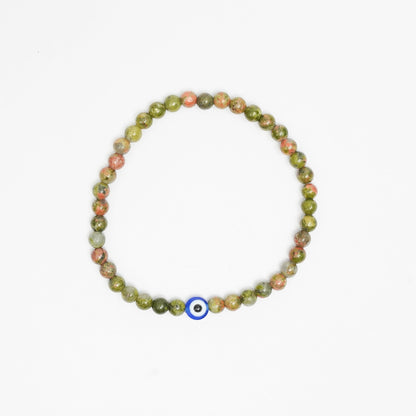 Natural Unakite stretchy Bracelets with an evil eye bead