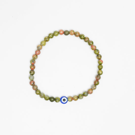 Natural Unakite stretchy Bracelets with an evil eye bead