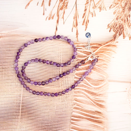 Dainty Faceted Amethyst Necklace - 4mm Natural Gemstones & Sterling Silver Clasp