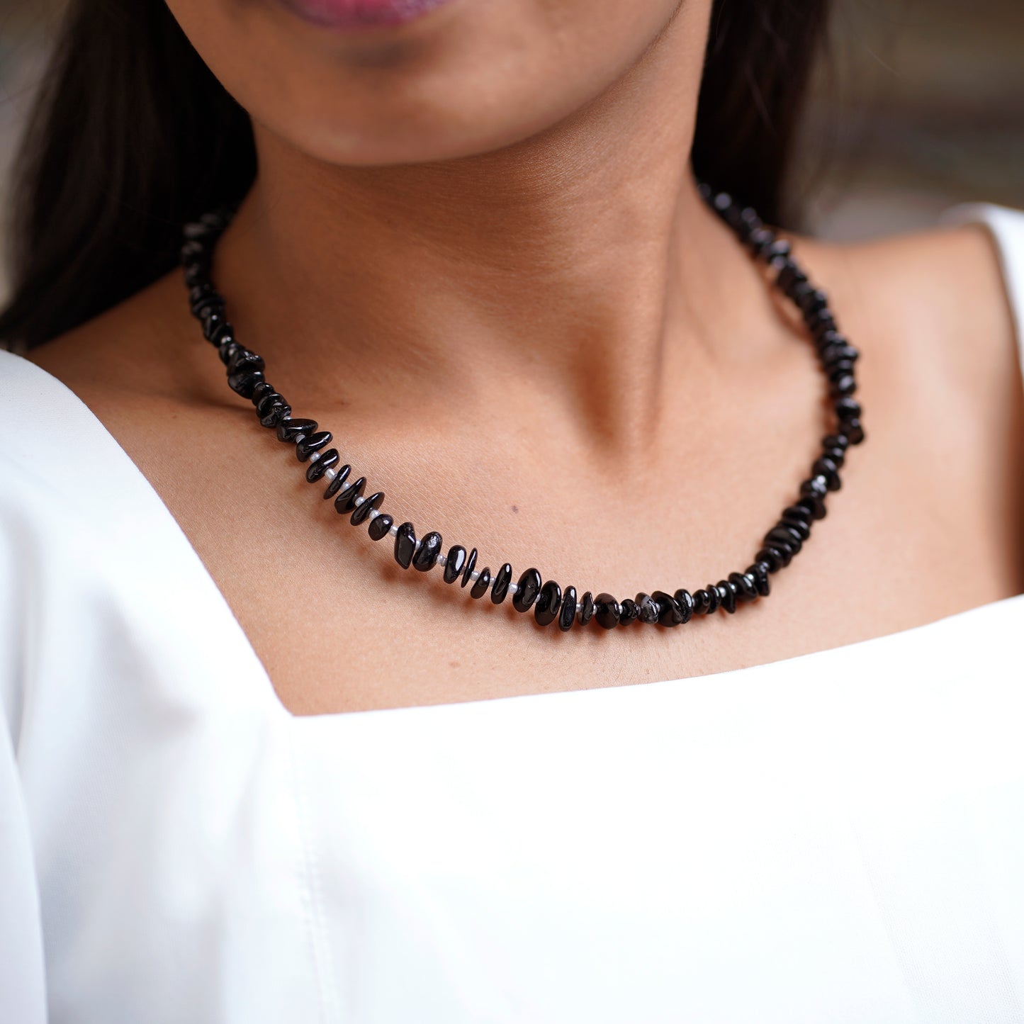Black Tourmaline Chip bead Necklace - adjustable length