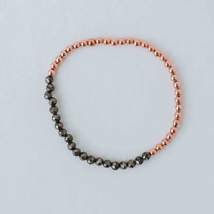 Dainty Copper Bracelet with Faceted Pyrite Beads - Stretchy and Stackable