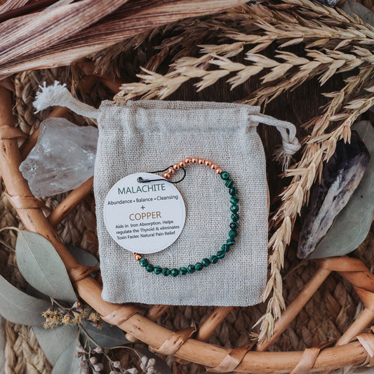 Dainty Copper Bracelet with Faceted Malachite Beads - Stretchy and Stackable