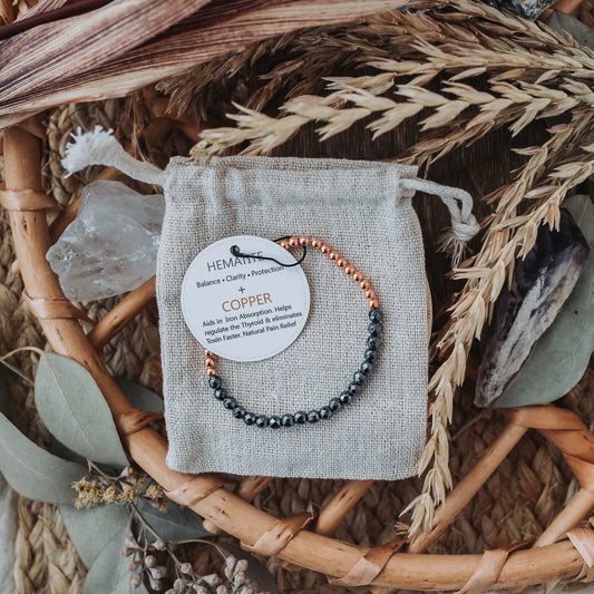 Dainty Copper Bracelet with Faceted Hematite Beads - Stretchy and Stackable