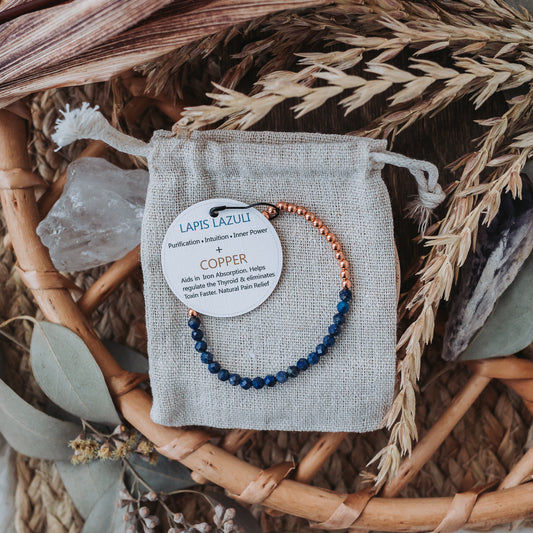 Dainty Copper Bracelet with Faceted Lapis Lazuli Beads - Stretchy and Stackable